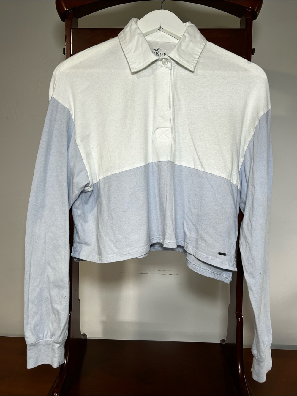 Hollister Women’s Small Colorblock hlCropped Polo Shirt Long Sleeve White Blue